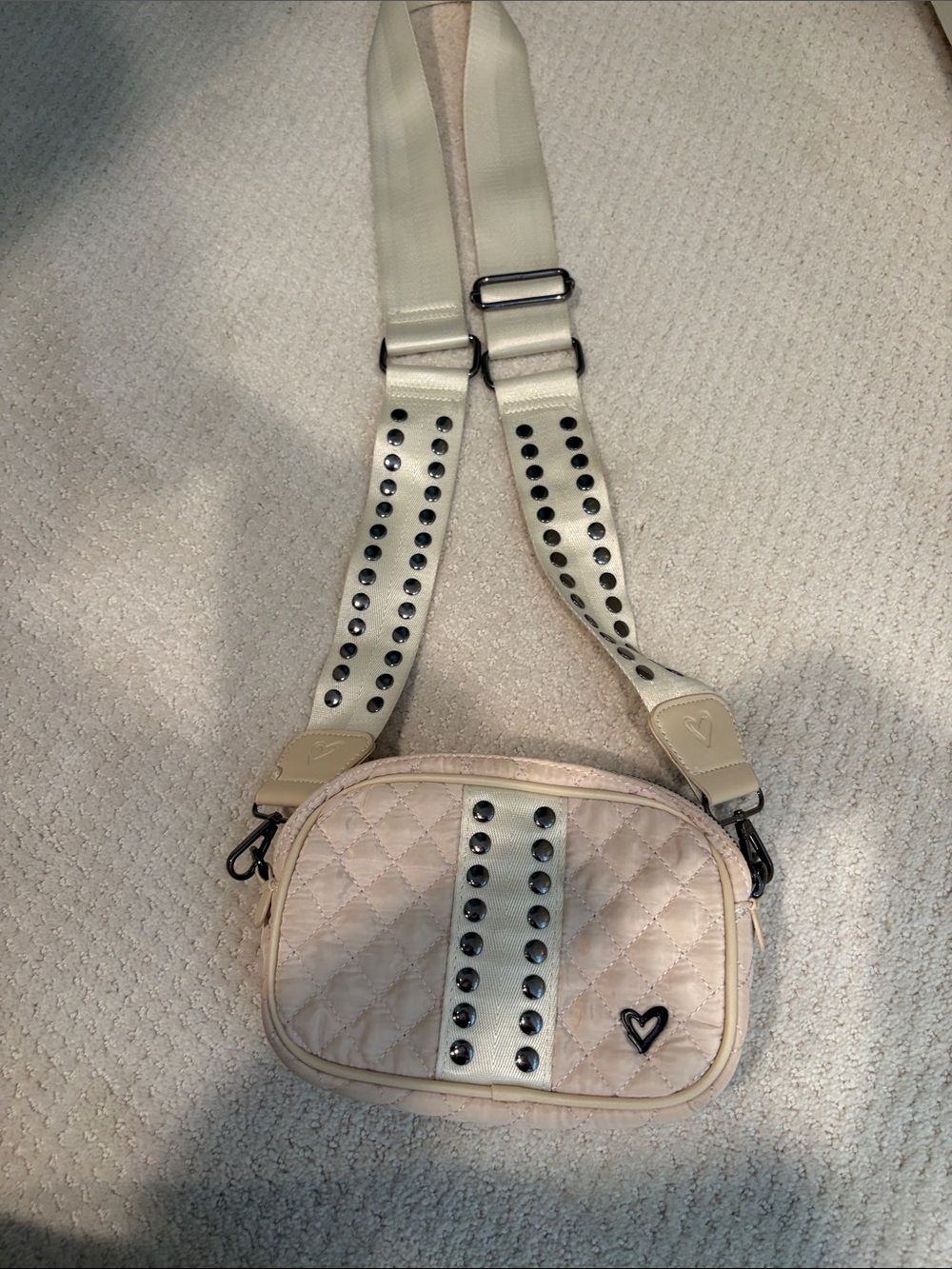 Quilted Cream Crossbody Bag with Studded Strap